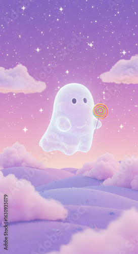 Floating ghost with lollipop in dreamy purple-pink landscape filled with stars and moonlight
