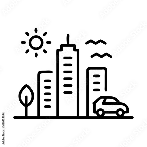 An architectural and urban landscape featuring a minimalist illustration of towering skyscrapers and bustling city.