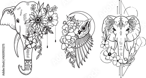 Set of Three Floral Elephant and Owl Illustrations with Geometric and Bohemian Details