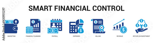 Smart Financial Control Modern and clean web banner illustration featuring thematic icons for visual communication