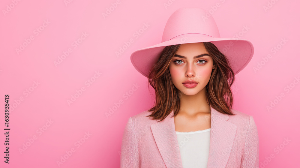 Minimalist portrait photography capturing young woman in pink hat and blazer, exuding confidence and style. Minimalist portrait photography capturing young woman in pink hat and blazer, exuding confidence and style.