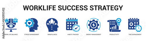 WorkLife Success Strategy Modern and clean web banner illustration featuring thematic icons for visual communication
