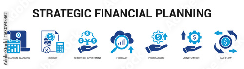 Strategic Financial Planning Modern and clean web banner illustration featuring thematic icons for visual communication