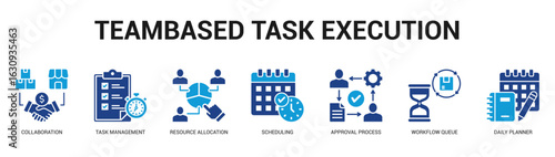 TeamBased Task Execution Modern and clean web banner illustration featuring thematic icons for visual communication