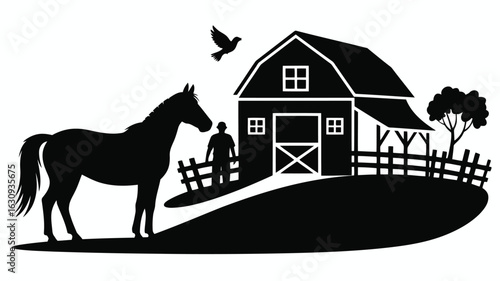 Black silhouette of a horse near a barn with a person and a bird fence