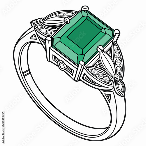 A stunning art deco emerald ring with a bold platinum setting on a white background, isolated and clean