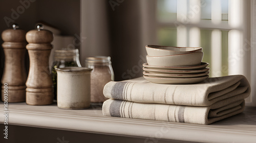Neutral toned dishes and towels next to seasonings on a shelf by the window in a cozy kitchen setting.