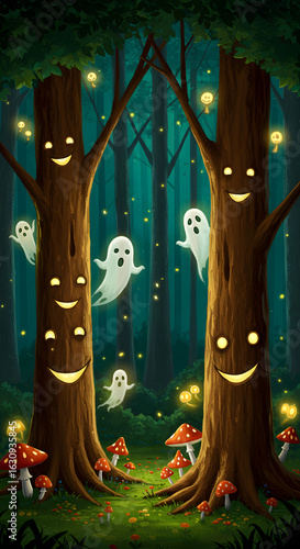 Magical forest with glowing mushrooms, smiling trees and playful ghosts behind trunks