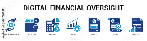 Digital Financial Oversight Modern and clean web banner illustration featuring thematic icons for visual communication