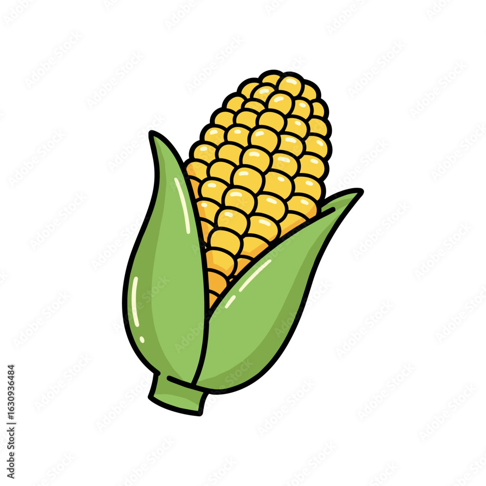Obraz premium Vibrant yellow corn with green husks. Vector illustration