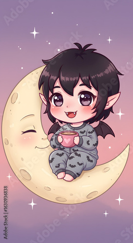 Cozy chibi vampire in pajamas drinking cocoa on a crescent moon with stars in soft sky