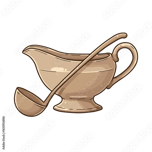 Beige porcelain gravy boat with ladle. Vector illustration