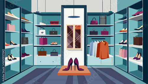 A gl walkin closet with floortoceiling mirrored doors showcasing shelves of designer shoes and handbags.
