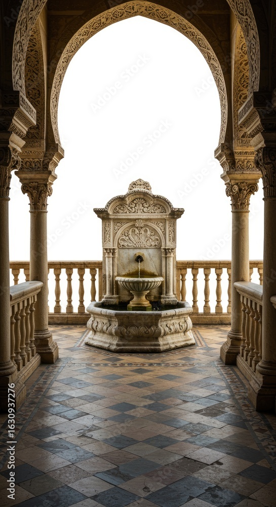 Fototapeta premium An old stone balcony featuring a decorative water fountain at its center, flanked by intricately carved railings on both sides. The floor is adorned with detailed geometric tile patterns, all set agai