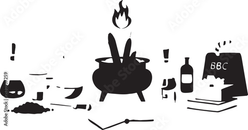 Black and white illustration of a witch's potion lab with cauldron and ingredients fire