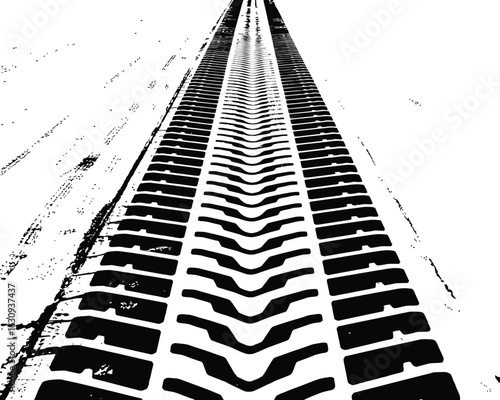 A black and white graphic illustration of a single tire track mark receding into the distance with a grunge texture effect.