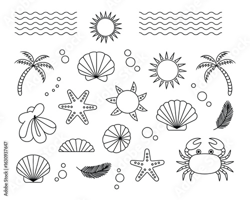 Seashell and Ocean element Set: A collection of hand-drawn elements evokes the allure of summer, featuring a collection of starfish, shells, suns.