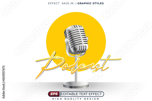 Editable 3d simple text effect podcast with microphone on white background for entertainment poster