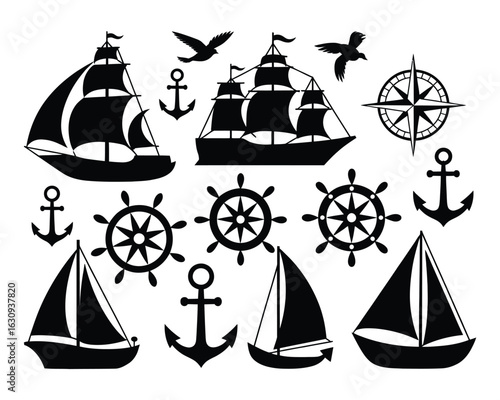Nautical Elements: A curated collection of hand-drawn nautical elements in monochrome, capturing the essence of maritime adventure, seafaring, and the spirit of the open ocean.