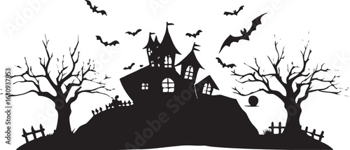 Black silhouette of a haunted house with bats and bare trees halloween spooky