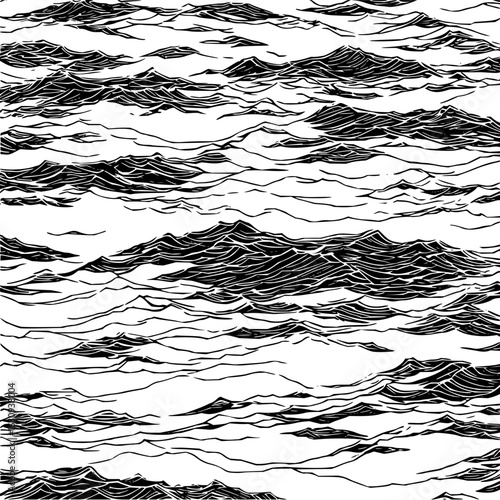 Monochrome illustration depicting a turbulent sea with stylized waves and a dynamic water surface