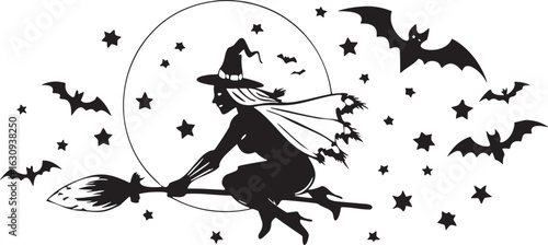 Black silhouette witch flying on broomstick with bats and stars vector
