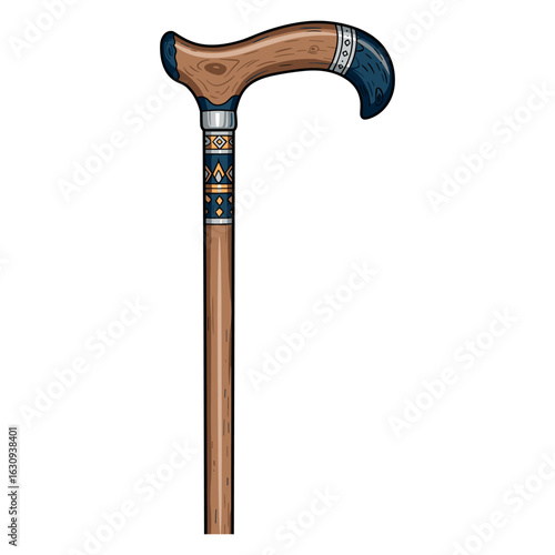 Ornate wooden walking cane with intricate inlay and sturdy handle design. Vector illustration