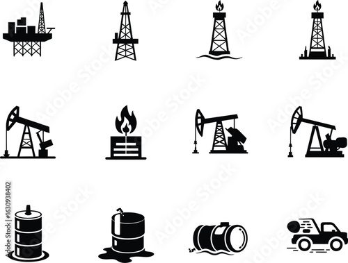Energy Industry Icon Collection: This is a detailed set of energy industry icons, providing visual representations of various aspects, from oil rigs and extraction pumps to barrels.