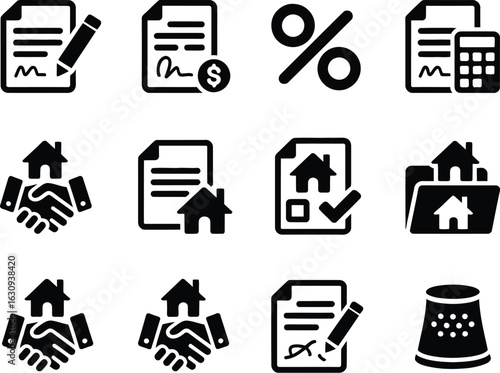 Real estate Icon set: Diverse vector icons that symbolize various aspects of the real estate field, from documents and contracts to calculations and agreements. 