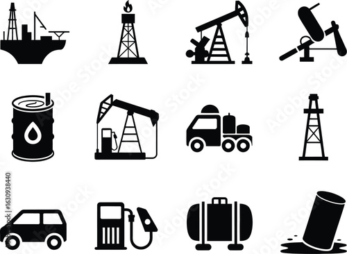 Oil and Gas Industry: Silhouetted icons of the oil and gas industry stand starkly against a blank canvas. Featuring an oil rig, storage tank, gas station, barrels, pump jack, and oil derricks.
