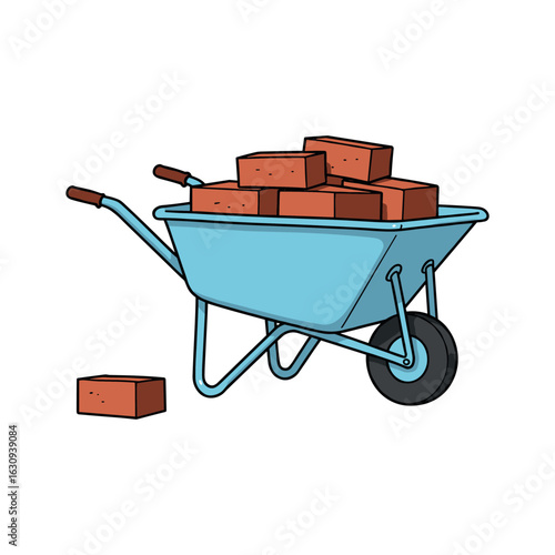 Blue wheelbarrow filled with red bricks. Vector illustration