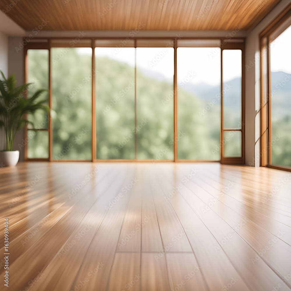 Fototapeta premium Sunlit open space features minimalist design, natural wood elements, and serene, bright atmosphere