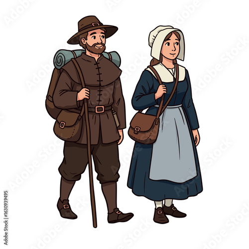 Pilgrims: caucasian male and female adults in historical clothing with walking sticks. Vector illustration