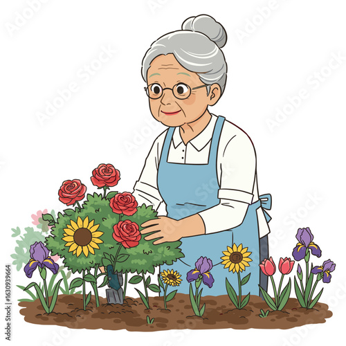 Elderly caucasian woman gardening with flowers in blooming garden illustration. Vector illustration