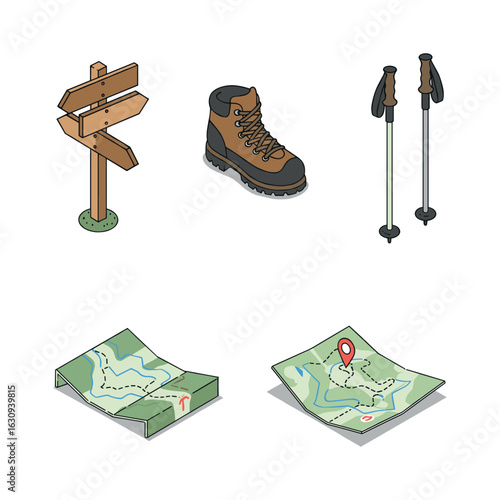 Hiking essentials: boots, maps, signpost, and trekking poles icons. Vector illustration