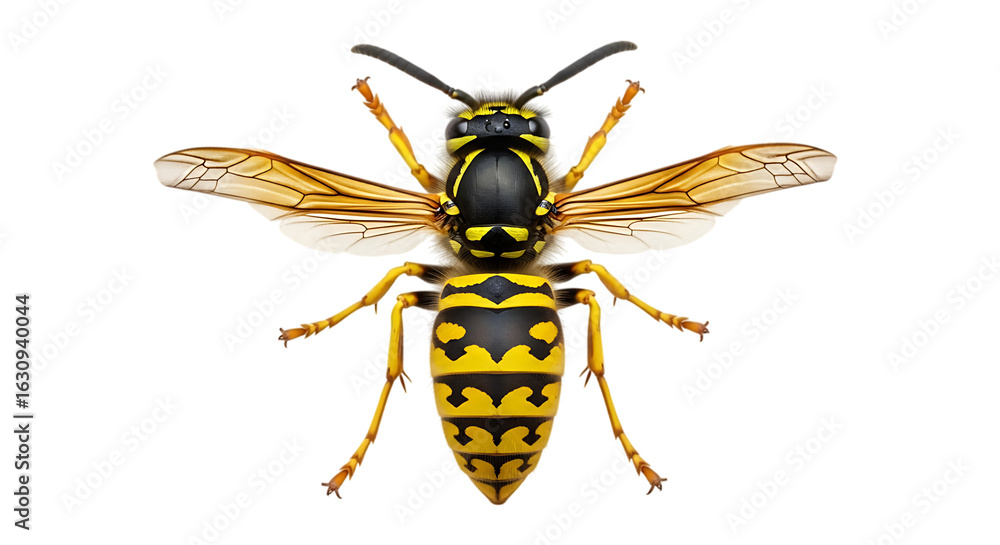 Fototapeta premium Detailed Macro View of a Yellow Jacket Wasp Showing Intricate Wing Patterns and Segmented Abdomen Isolated on Transparent Background