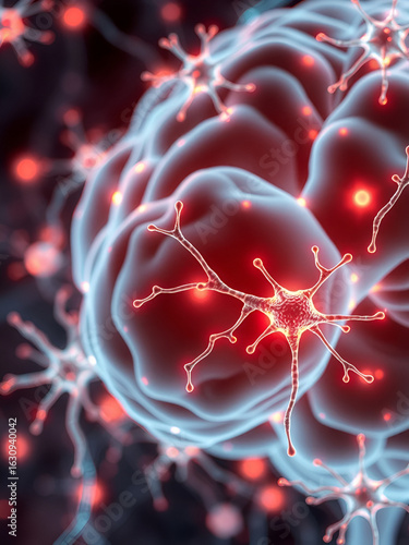 Virology microbiological processes and cerebrospinal fluid conceptual rendering of glowing neurons interconnected symbolizing brain functions synaptic activity and cognitive processes