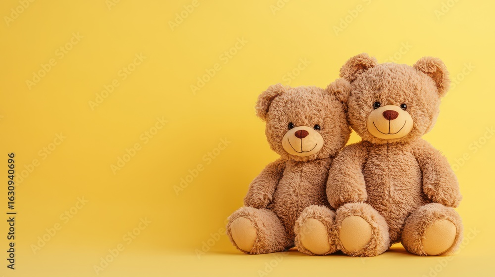 Obraz premium Two cute brown teddy bears sit together on a vibrant yellow background. Use it to illustrate childhood, friendship, or sentimental themes.