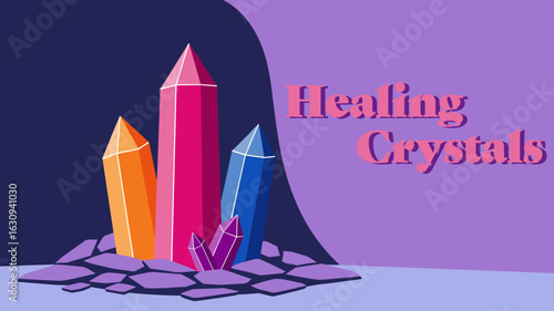 Healing crystals illustration on a mystical background