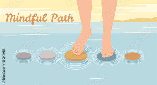Mindful path with feet stepping on stones in the water