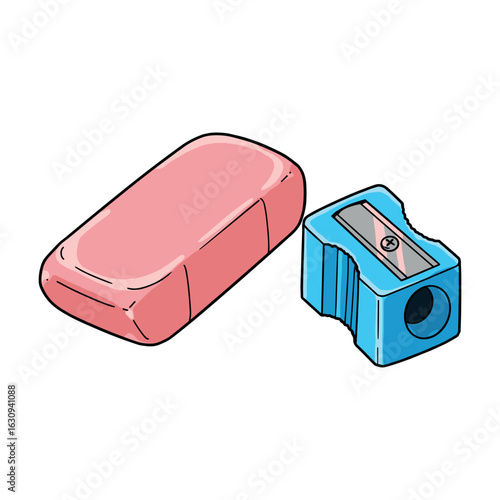Pink eraser and blue pencil sharpener - stationery items for school and office. Vector illustration