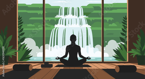 Silhouetted person meditating in a yoga studio with waterfall view