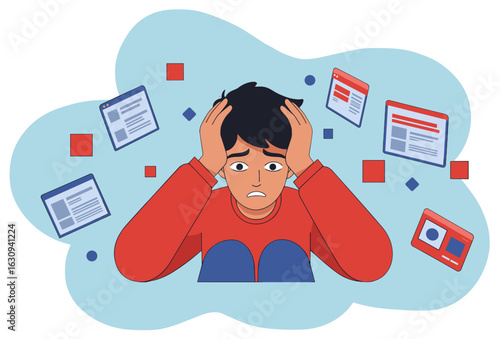 Stressful man overwhelmed by information overload