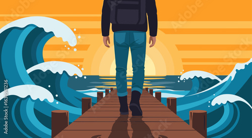 Young male traveler walking on a pier at sunrise
