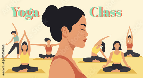Female instructor teaching yoga class with diverse ethnicity women