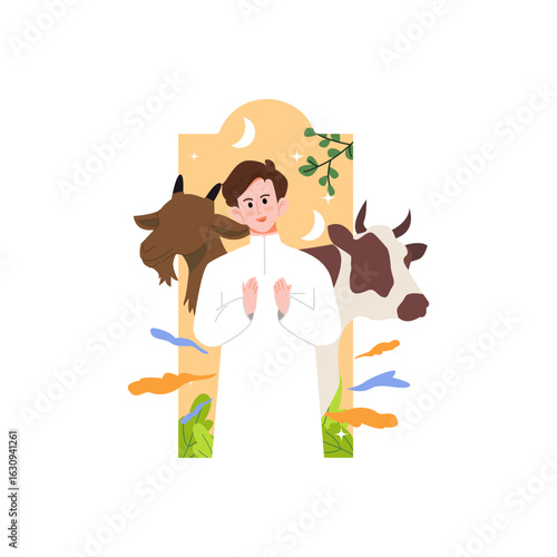 Boy with sheep and cow