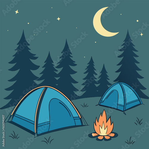 Two blue tents glow under a crescent moon amidst a forest landscape silhouette