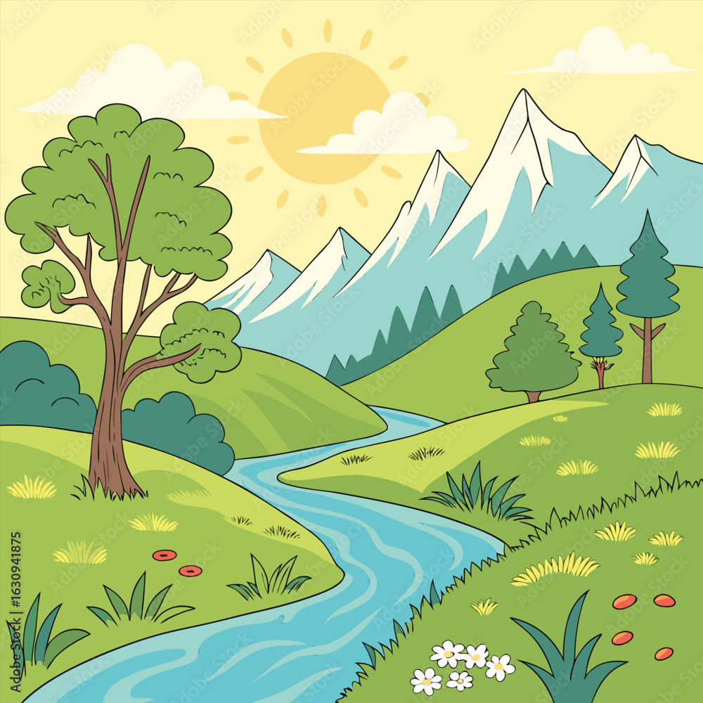 Obraz premium Serene mountain landscape with winding river and lush greenery under a warm sun silhouette