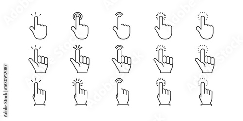 タップジェスチャーの指アイコンセット（線画・シンプル）| ベクター素材 編集可能 SVG