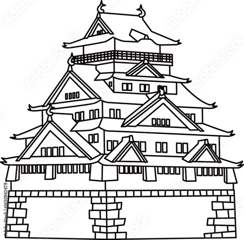 日本の城　大阪城のイラスト画像モノクロ線画